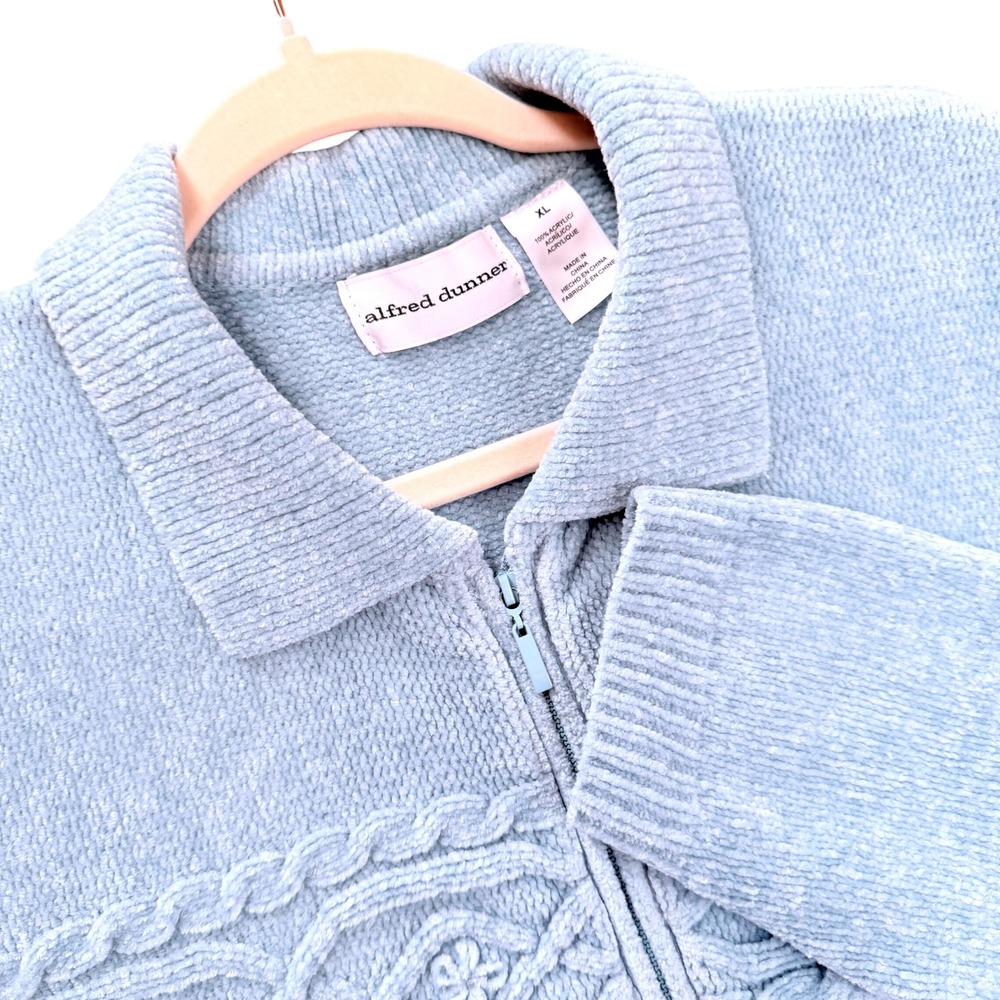 Sky Blue Alfred Dunner Cardigan Women, XL Cable Knit Chenille Full Zip Sweater